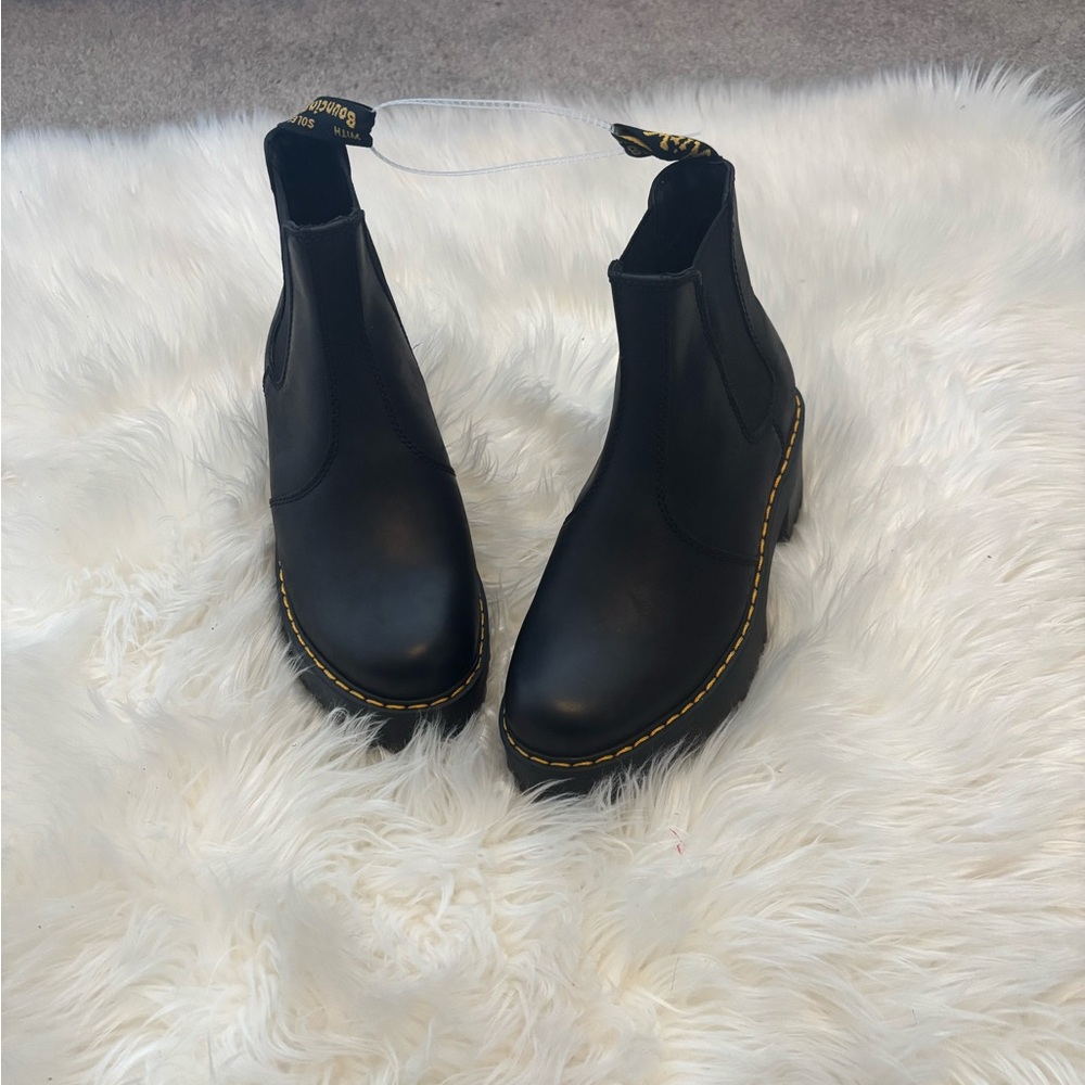 Dr. Martens Black Leather Ankle Boots with Yellow Stitching